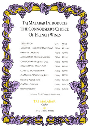 A menu card for Taj Malabar Hotel – Very Old Work